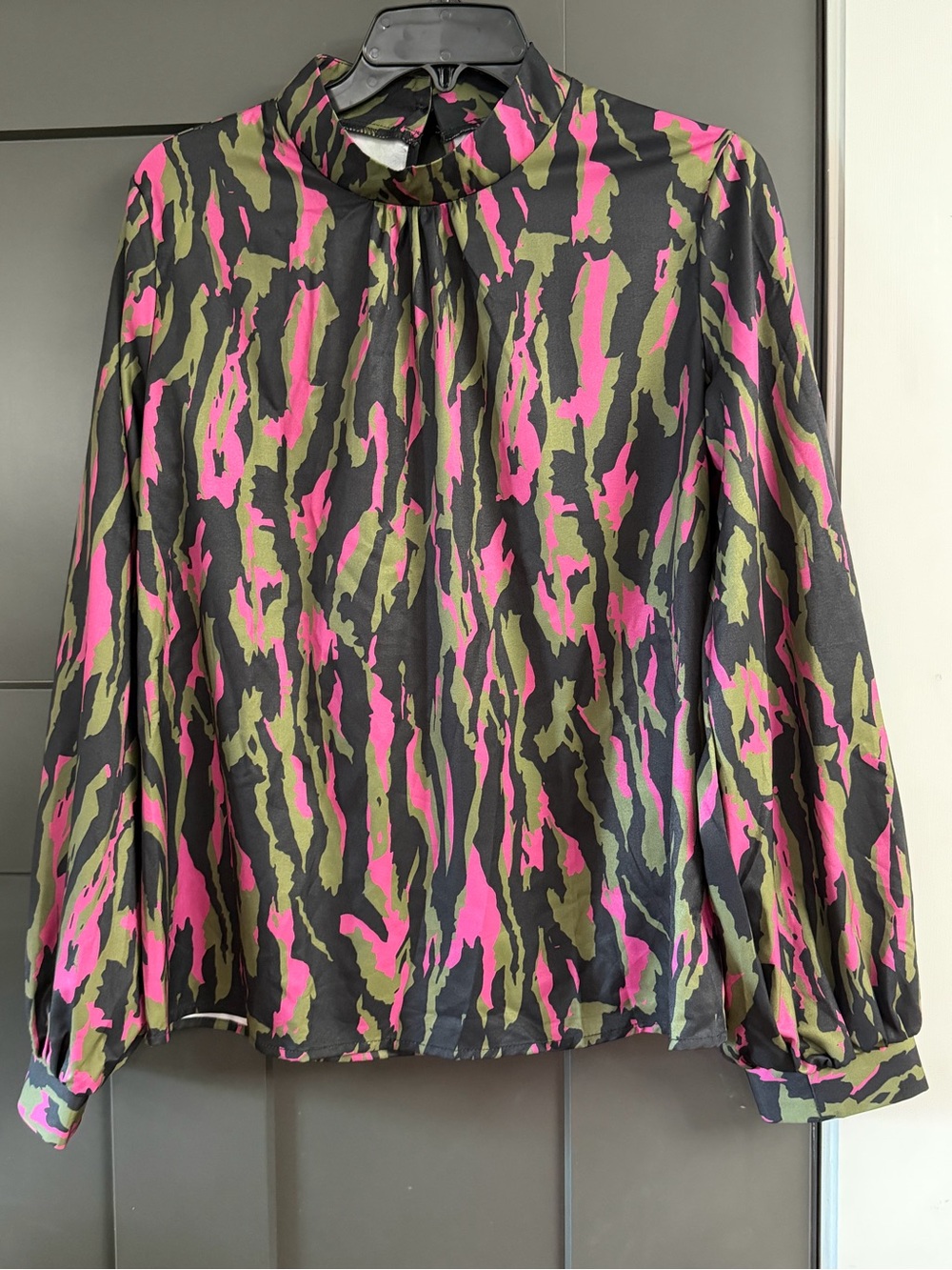 SHEIN Black Blouse with Pink & Olive Abstract Print
